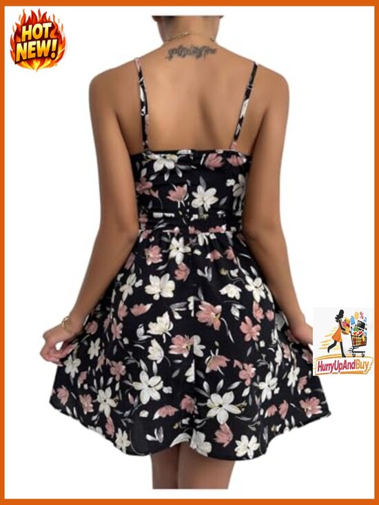 Ditsy Floral Print Flared V-Neck Cami Dress Summer Boho Chic Casual - Picture 2 of 6